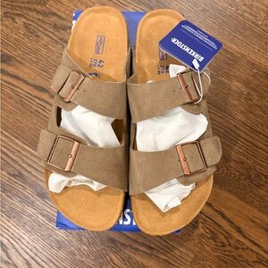 Birkenstock Taupe Suede Arizona Sandals with Soft Footbed, Size 42